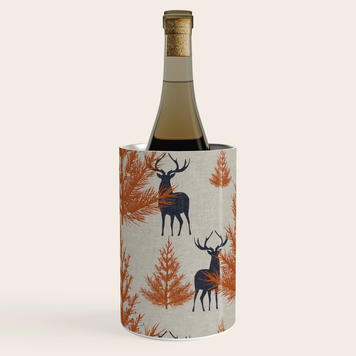Christmas Trees and Deer, Faux Linen, Pattern, Beige, Terracotta and Blue Wine Chiller Gallery Image 2