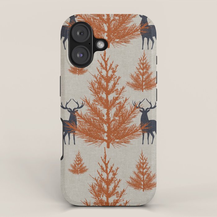 Christmas Trees and Deer, Faux Linen, Pattern, Beige, Terracotta and Blue iPhone Case Gallery Image 1