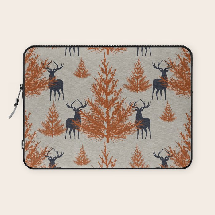 Christmas Trees and Deer, Faux Linen, Pattern, Beige, Terracotta and Blue Laptop Sleeve Gallery Image 1