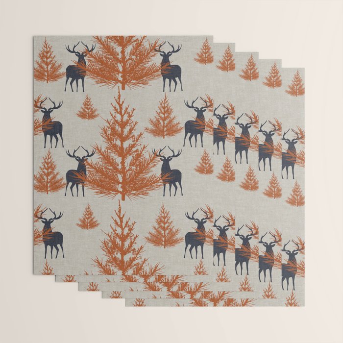 Christmas Trees and Deer, Faux Linen, Pattern, Beige, Terracotta and Blue Wrapping Paper Gallery Image 3