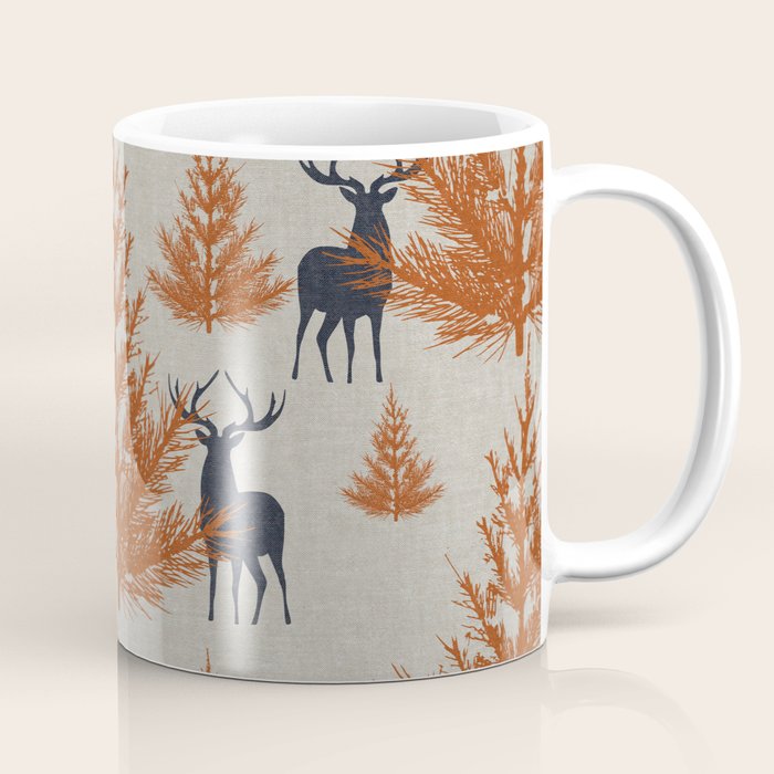 Christmas Trees and Deer, Faux Linen, Pattern, Beige, Terracotta and Blue Coffee Mug Gallery Image 1