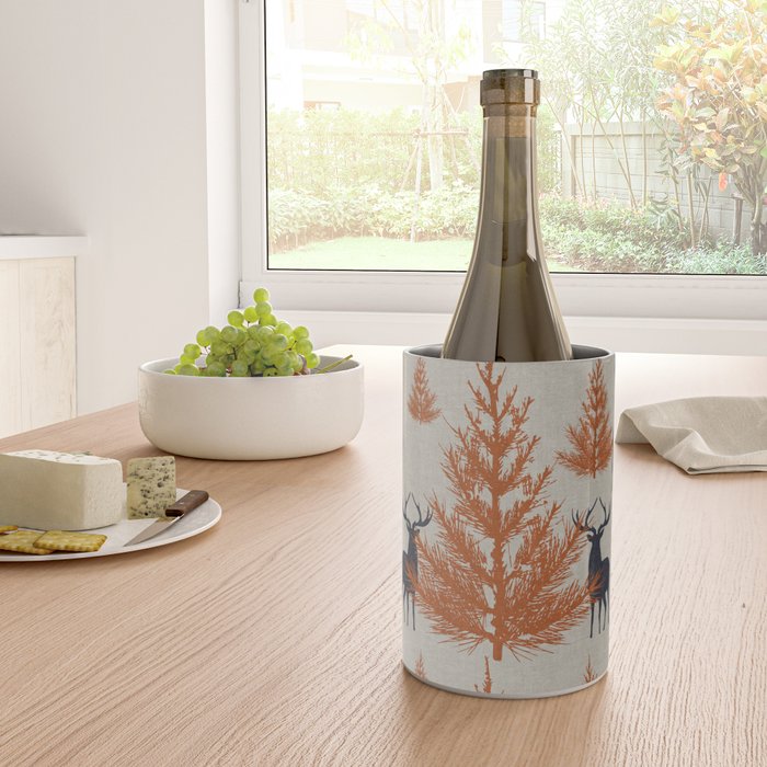 Christmas Trees and Deer, Faux Linen, Pattern, Beige, Terracotta and Blue Wine Chiller Gallery Image 4