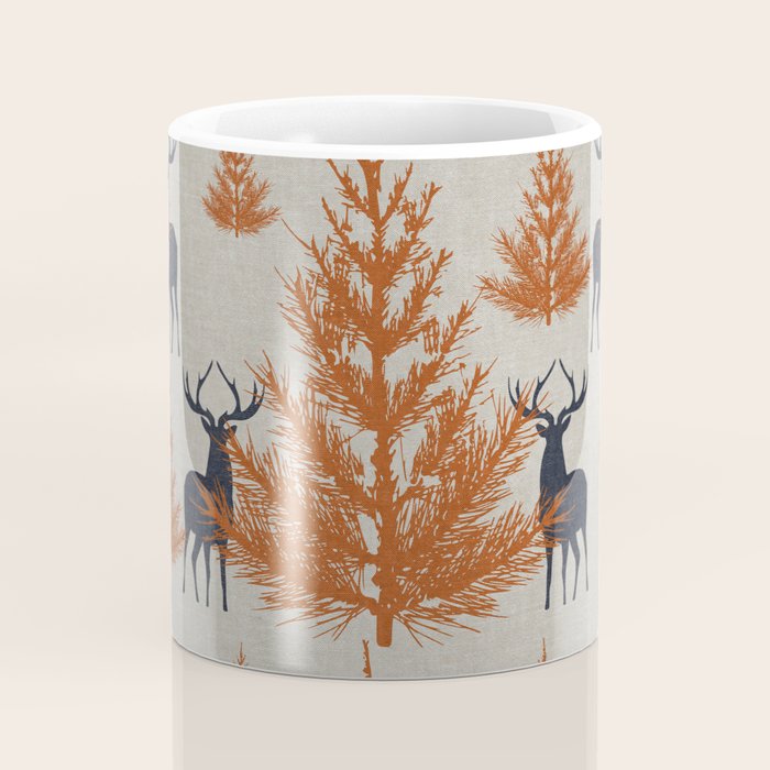 Christmas Trees and Deer, Faux Linen, Pattern, Beige, Terracotta and Blue Coffee Mug Gallery Image 4