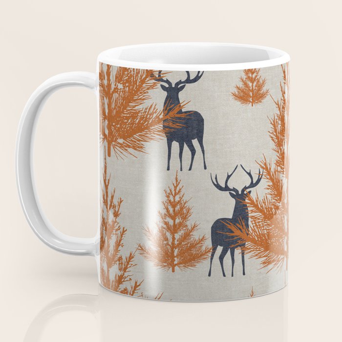 Christmas Trees and Deer, Faux Linen, Pattern, Beige, Terracotta and Blue Coffee Mug Gallery Image 3
