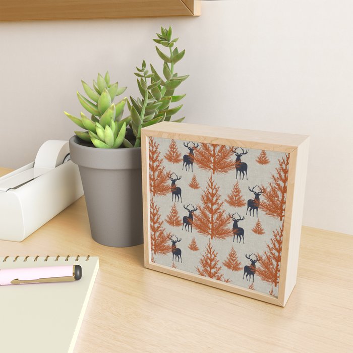 Christmas Trees and Deer, Faux Linen, Pattern, Beige, Terracotta and Blue Mini Art Print Gallery Image 2