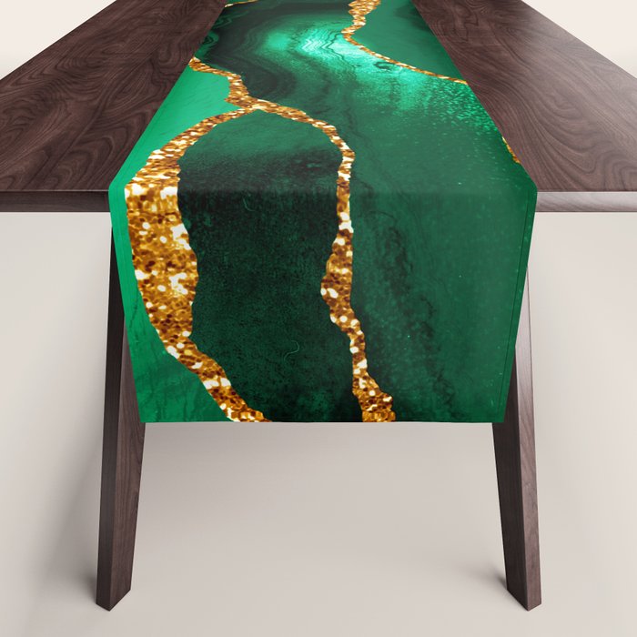 Abstract Green And Gold Emerald Marble Landscape  Table Runner Gallery Image 1
