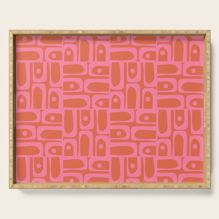 Mid Century Modern Piquet Abstract Multi Pattern in Hot Pink and Spiced Orange Serving Tray Gallery Image 1