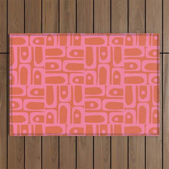 Mid Century Modern Piquet Abstract Multi Pattern in Hot Pink and Spiced Orange Outdoor Rug Gallery Image 1