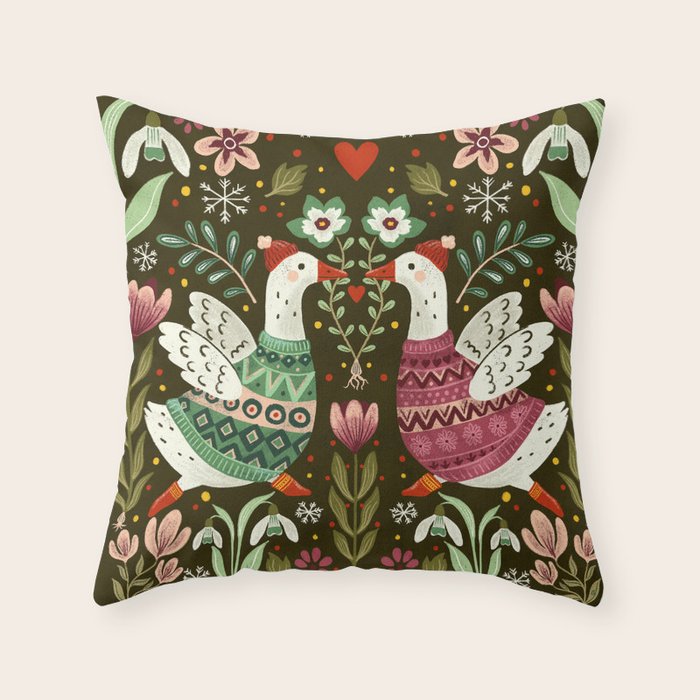 Winter geese in sweaters Throw Pillow Gallery Image 1