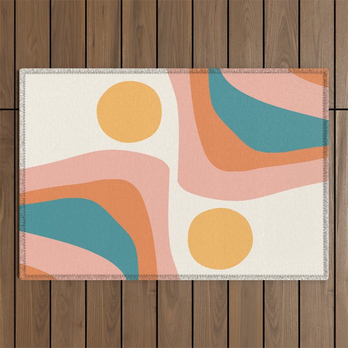 Abstract Wavy Rainbow and Sun Pattern in retro theme Outdoor Rug Gallery Image 1