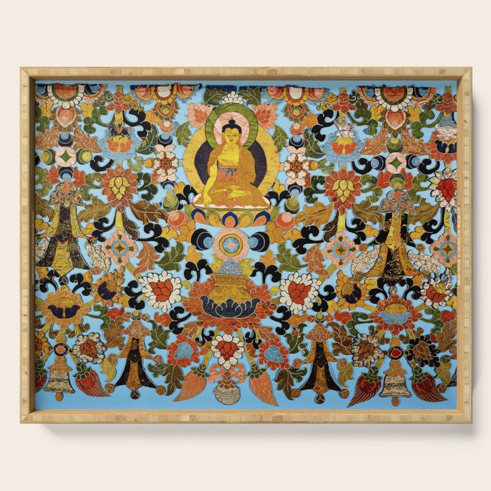 Antique Tibetan Floral Textile Print Serving Tray Gallery Image 1