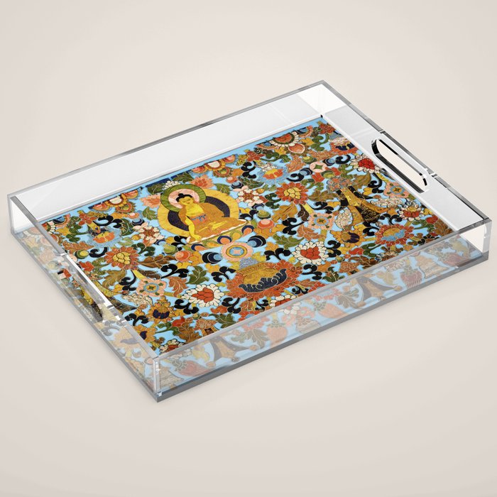 Antique Tibetan Floral Textile Print Acrylic Tray Gallery Image 1