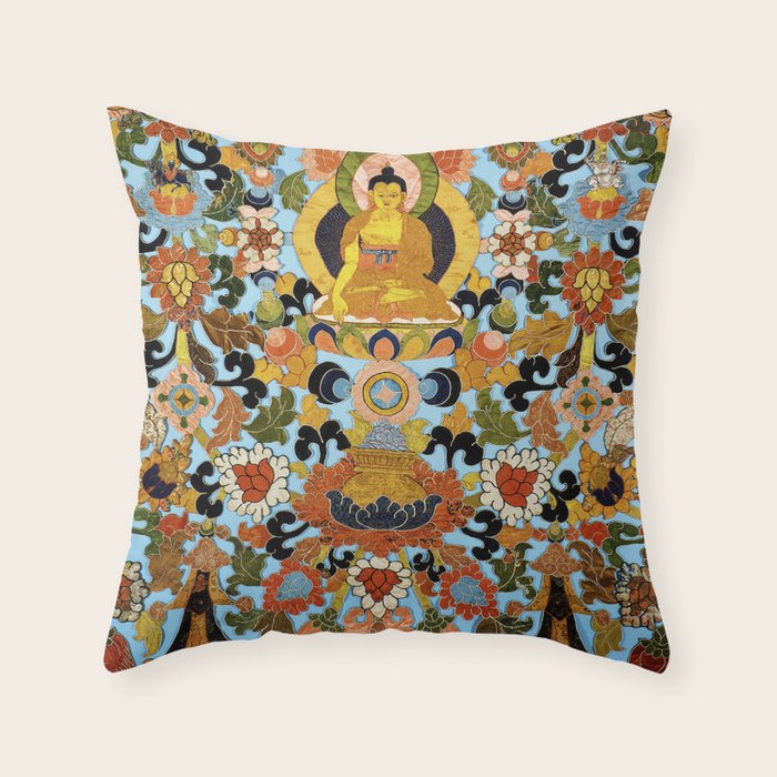 Antique Tibetan Floral Textile Print Throw Pillow Gallery Image 6