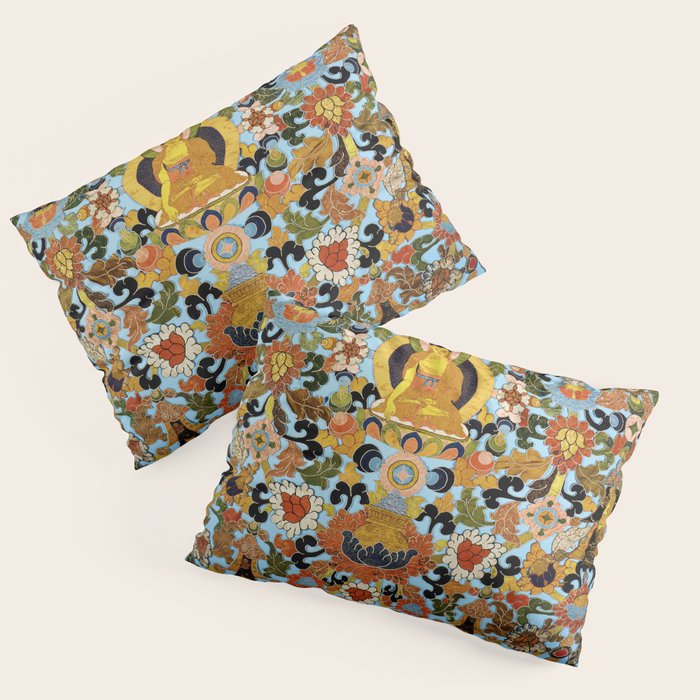 Antique Tibetan Floral Textile Print Pillow Sham Gallery Image 1