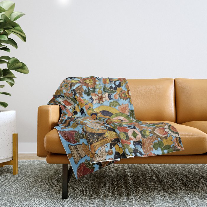 Antique Tibetan Floral Textile Print Throw Blanket Gallery Image 1