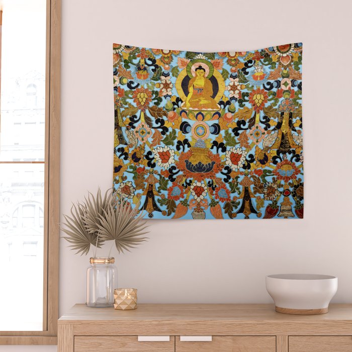 Antique Tibetan Floral Textile Print Wall Tapestry Gallery Image 2