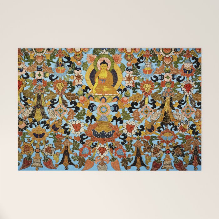 Antique Tibetan Floral Textile Print Welcome Mat Gallery Image 1