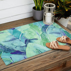 Banana Tree Leaves | Tropical  BLUE Watercolor Outdoor Rug Gallery Image 2