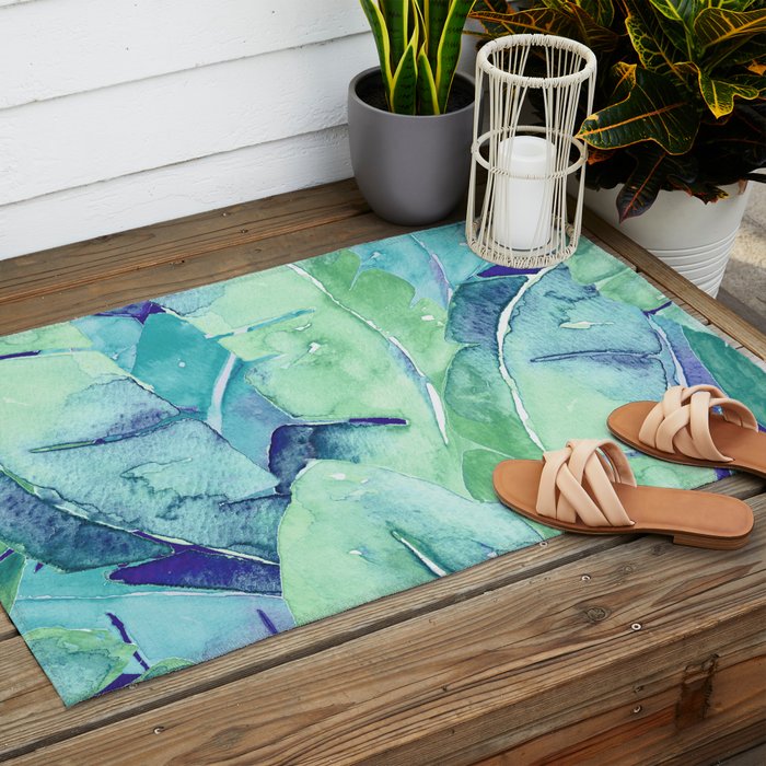 Banana Tree Leaves | Tropical  BLUE Watercolor Outdoor Rug Gallery Image 2
