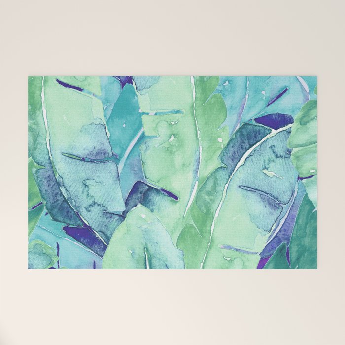 Banana Tree Leaves | Tropical  BLUE Watercolor Welcome Mat Gallery Image 1