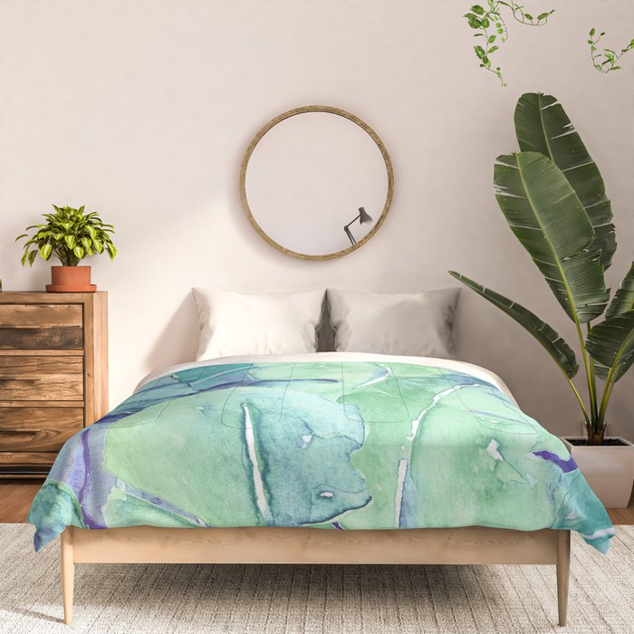Banana Tree Leaves | Tropical  BLUE Watercolor Comforter Gallery Image 3