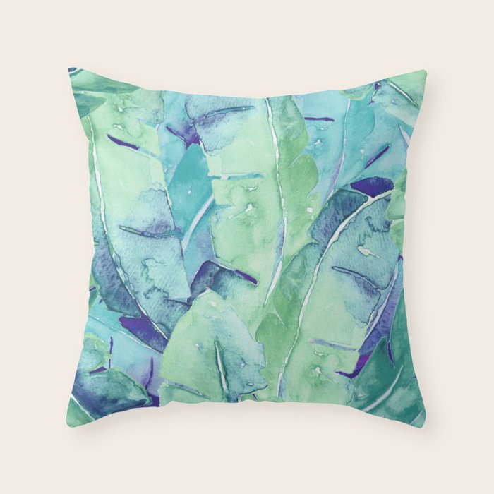 Banana Tree Leaves | Tropical  BLUE Watercolor Throw Pillow