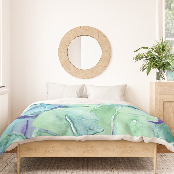 Banana Tree Leaves | Tropical  BLUE Watercolor Duvet Cover Gallery Image 3