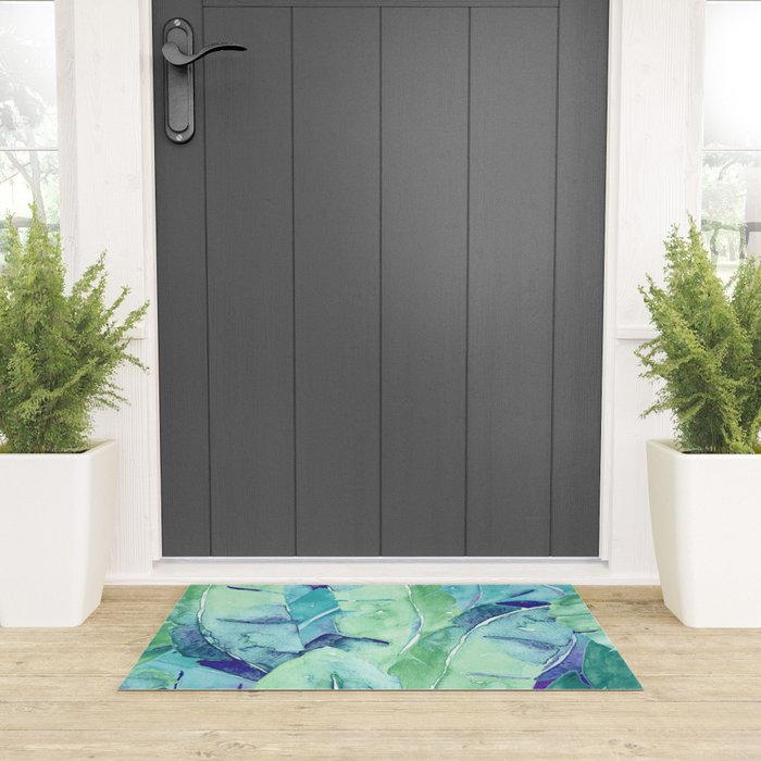 Banana Tree Leaves | Tropical  BLUE Watercolor Welcome Mat Gallery Image 3