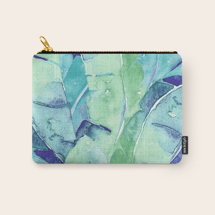 Banana Tree Leaves | Tropical  BLUE Watercolor Carry All Pouch Gallery Image 1