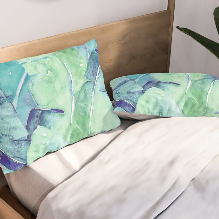 Banana Tree Leaves | Tropical  BLUE Watercolor Pillow Sham Gallery Image 2