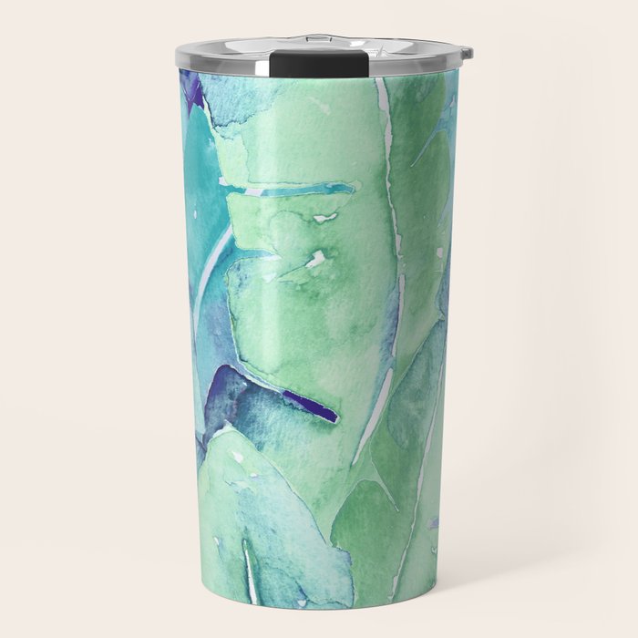 Banana Tree Leaves | Tropical  BLUE Watercolor Travel Mug Gallery Image 1