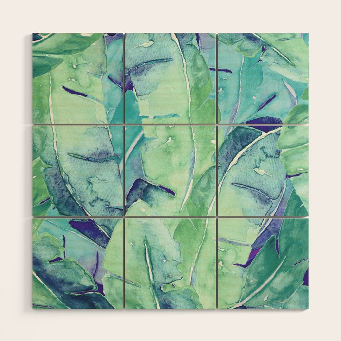 Banana Tree Leaves | Tropical  BLUE Watercolor Wood Wall Art Gallery Image 1
