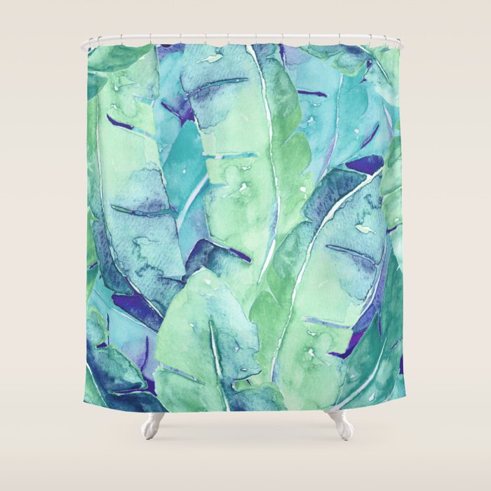 Banana Tree Leaves | Tropical  BLUE Watercolor Shower Curtain Gallery Image 1