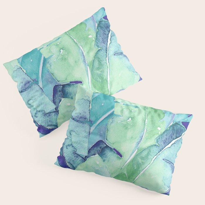 Banana Tree Leaves | Tropical  BLUE Watercolor Pillow Sham Gallery Image 3