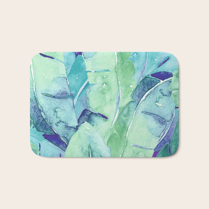 Banana Tree Leaves | Tropical  BLUE Watercolor Bath Mat Gallery Image 1