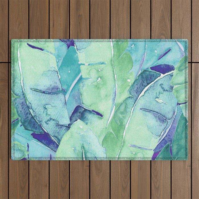 Banana Tree Leaves | Tropical  BLUE Watercolor Outdoor Rug Gallery Image 1