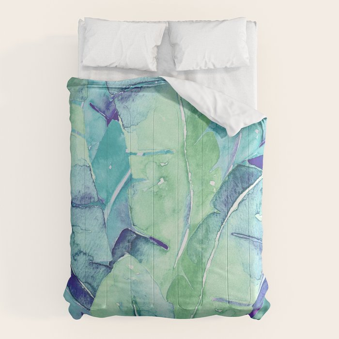 Banana Tree Leaves | Tropical  BLUE Watercolor Comforter Gallery Image 6