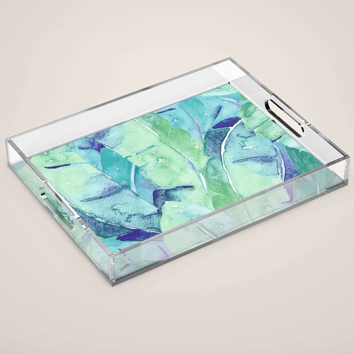 Banana Tree Leaves | Tropical  BLUE Watercolor Acrylic Tray Gallery Image 1