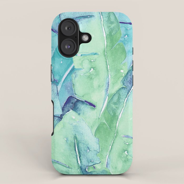 Banana Tree Leaves | Tropical  BLUE Watercolor iPhone Case Gallery Image 1