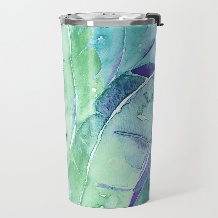 Banana Tree Leaves | Tropical  BLUE Watercolor Travel Mug Gallery Image 2