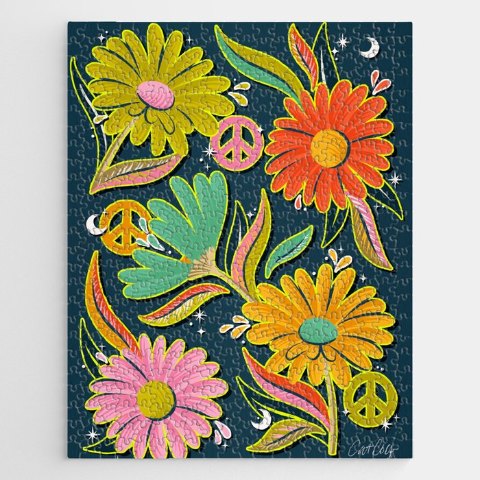 Drippy Daisy Dreamscape - Electric on Navy Jigsaw Puzzle Gallery Image 1