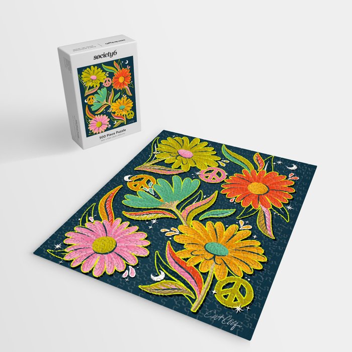 Drippy Daisy Dreamscape - Electric on Navy Jigsaw Puzzle Gallery Image 2
