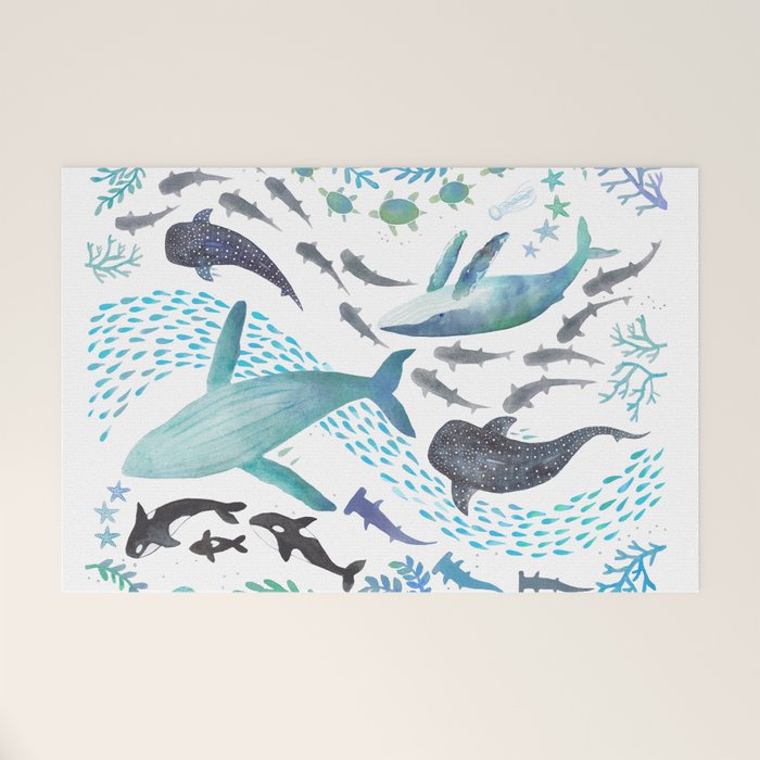 Sharks, Humpback Whales, Orcas & Turtles Ocean Play Print Welcome Mat Gallery Image 1
