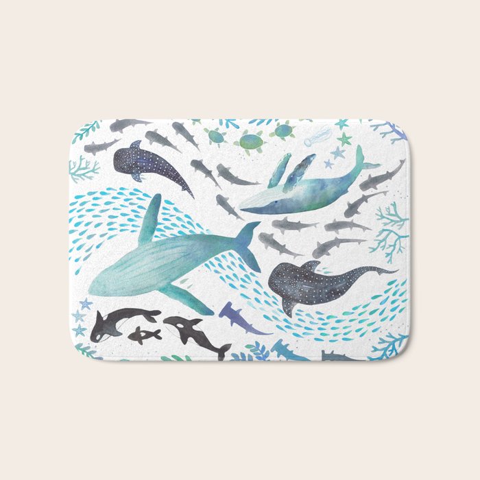 Sharks, Humpback Whales, Orcas & Turtles Ocean Play Print Bath Mat Gallery Image 1