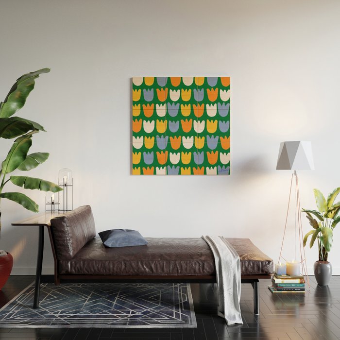 Rows of Tulips in Bloom in Forest Green & Orange Wood Wall Art Gallery Image 2