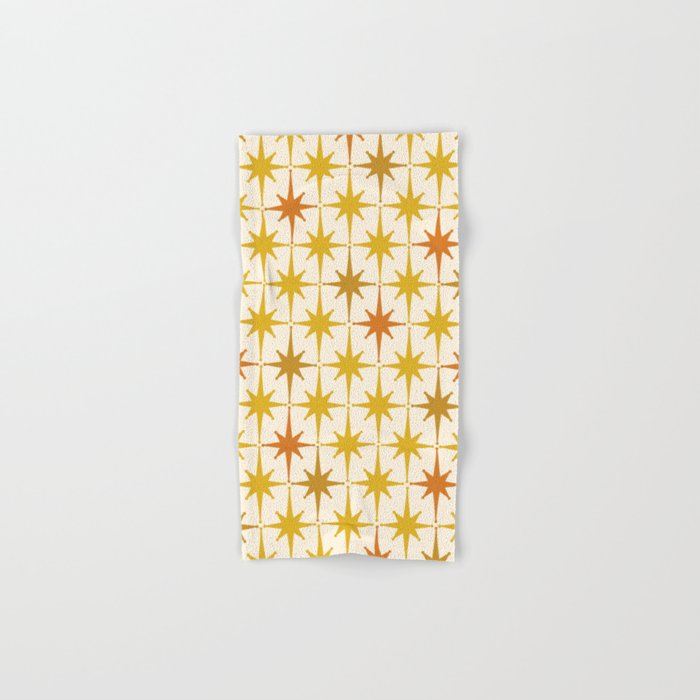 Midcentury Modern Atomic Starburst Pattern Mustard Ochre Orange Gold Cream Bath Towel Gallery Image 1