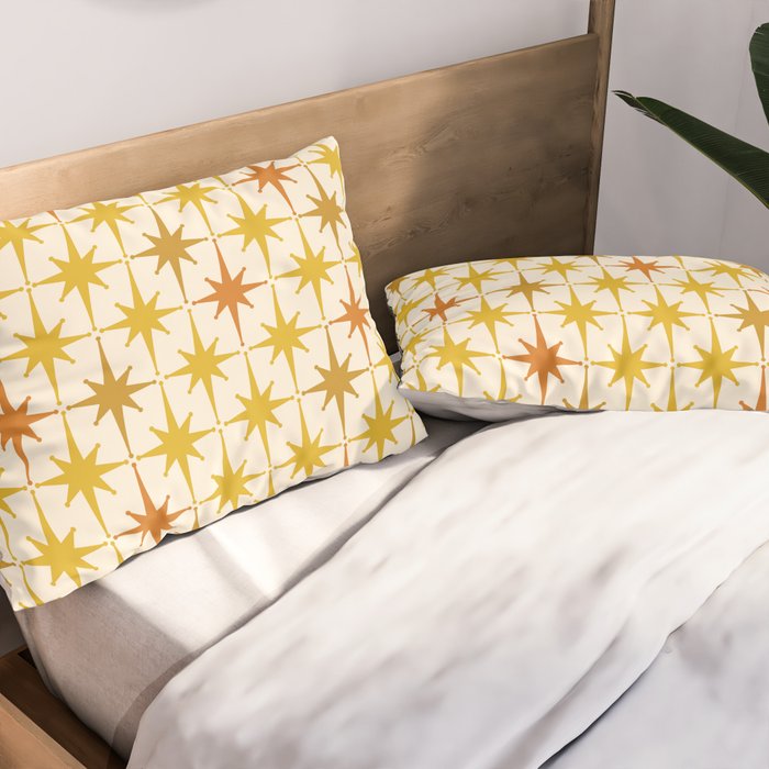 Midcentury Modern Atomic Starburst Pattern Mustard Ochre Orange Gold Cream Pillow Sham Gallery Image 2