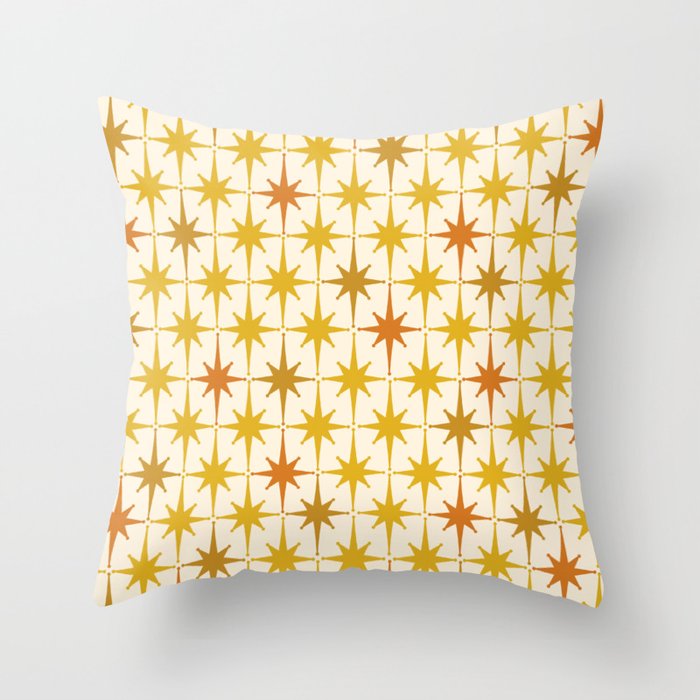 Midcentury Modern Atomic Starburst Pattern Mustard Ochre Orange Gold Cream Throw Pillow Gallery Image 1