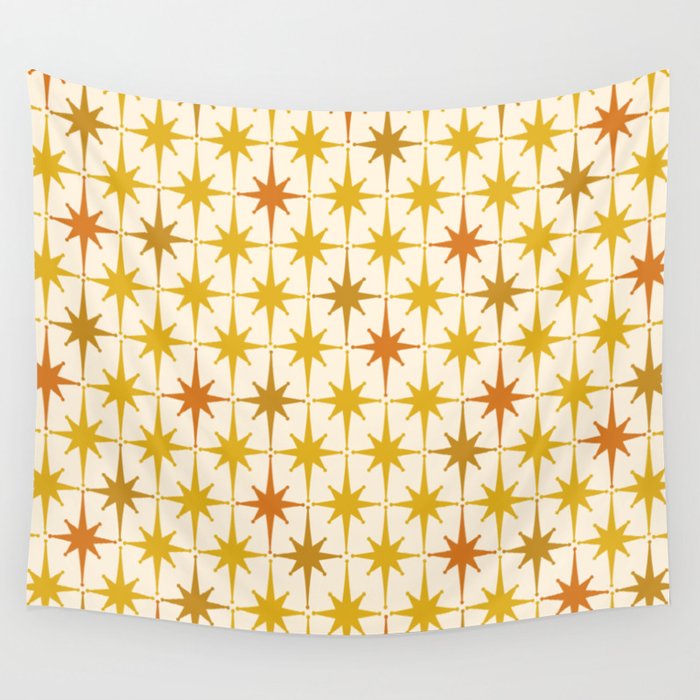 Midcentury Modern Atomic Starburst Pattern Mustard Ochre Orange Gold Cream Wall Tapestry Gallery Image 4