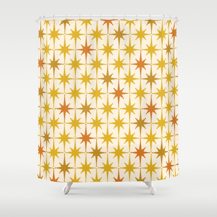 Midcentury Modern Atomic Starburst Pattern Mustard Ochre Orange Gold Cream Shower Curtain Gallery Image 1